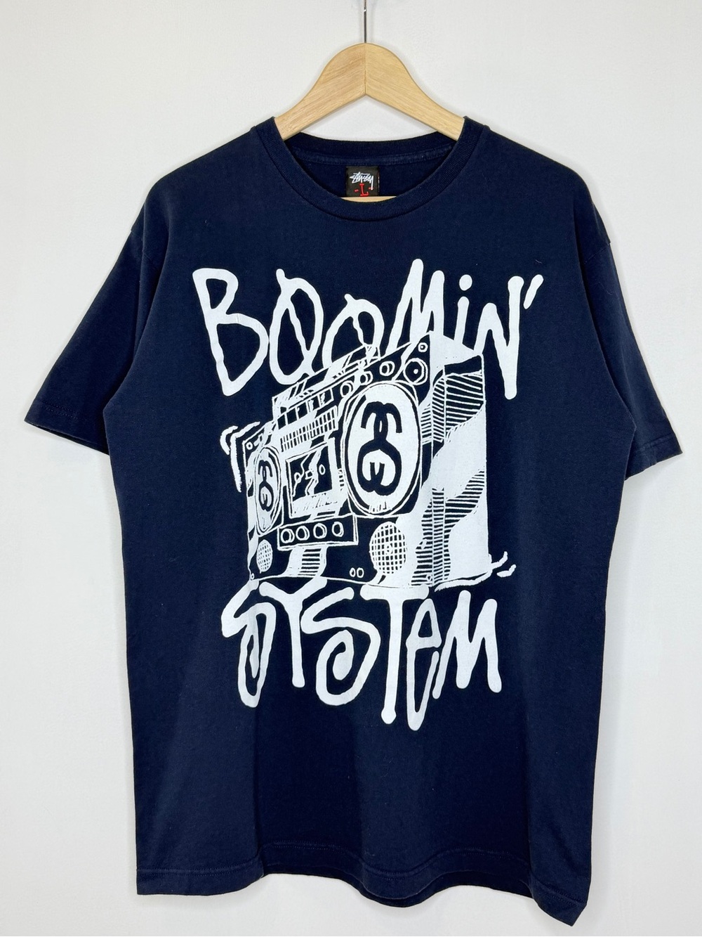 Vintage Stussy Boomin’ System Short Sleeve T-Shirt Mens Large Navy Blue Y2K